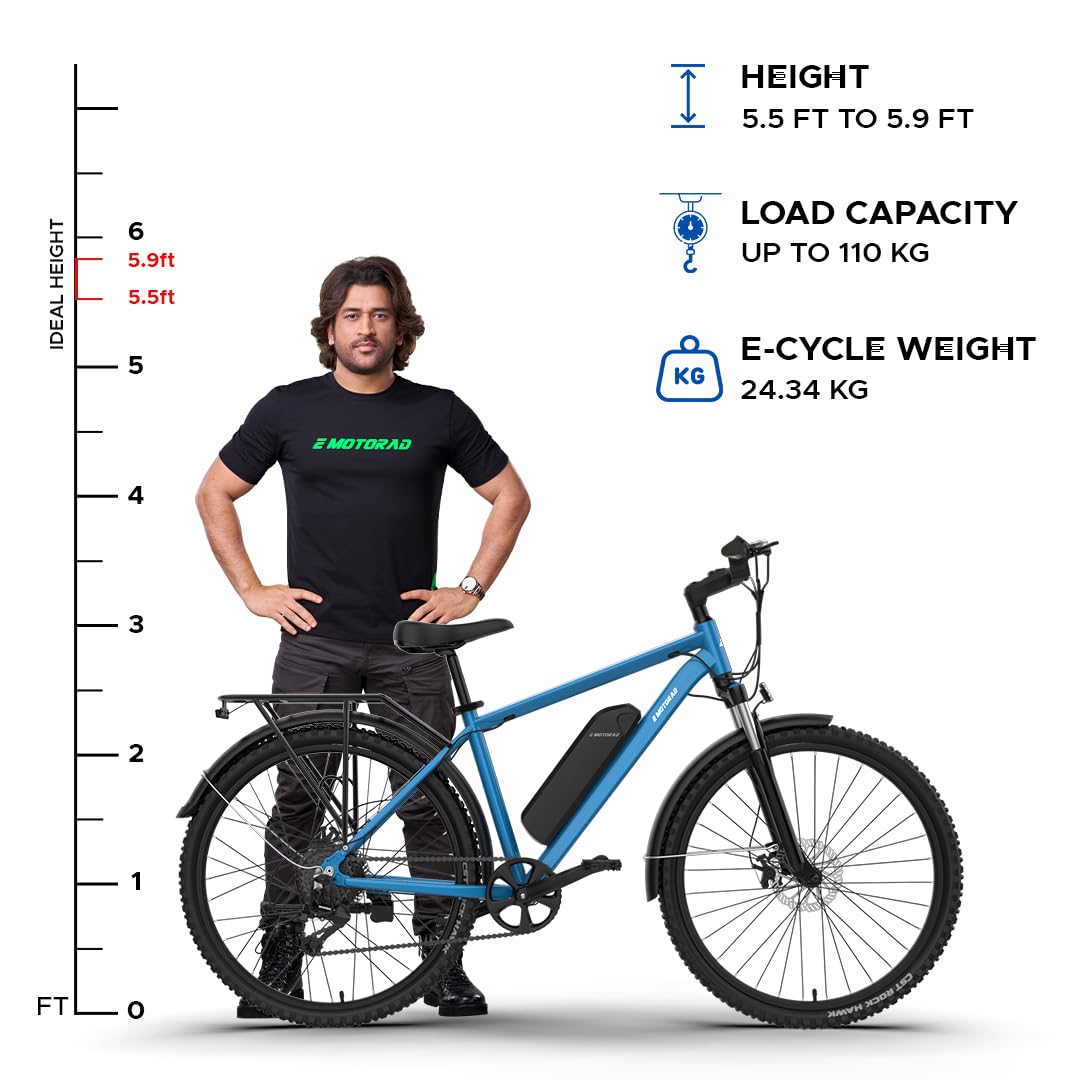 MS Dhoni with EMotorad T-Rex Pro Electric Cycle showcasing ideal rider height range, load capacity, and e-cycle weight
