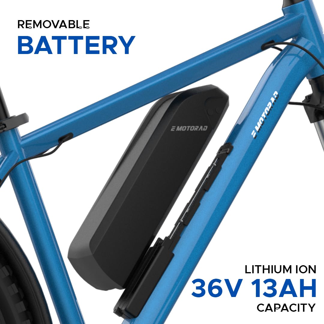 Removable 36V 13Ah lithium-ion battery of EMotorad T-Rex Pro electric cycle mounted on blue aluminium alloy frame
