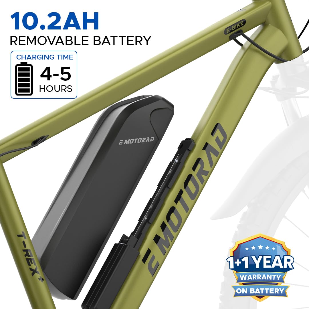 E-Motorad T-Rex+ electric cycle showing 10.2Ah removable battery with 4–5 hours charging time and 1+1 year battery warranty.