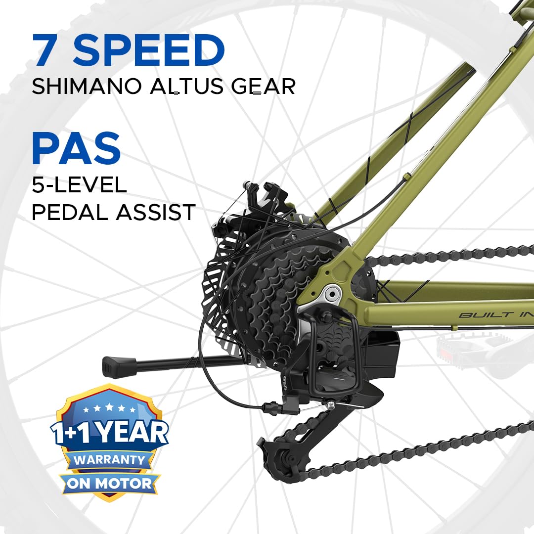 E-Motorad T-Rex+ electric cycle featuring 7-speed Shimano Altus gears and 5-level PAS pedal assist system with 1+1 year motor warranty.