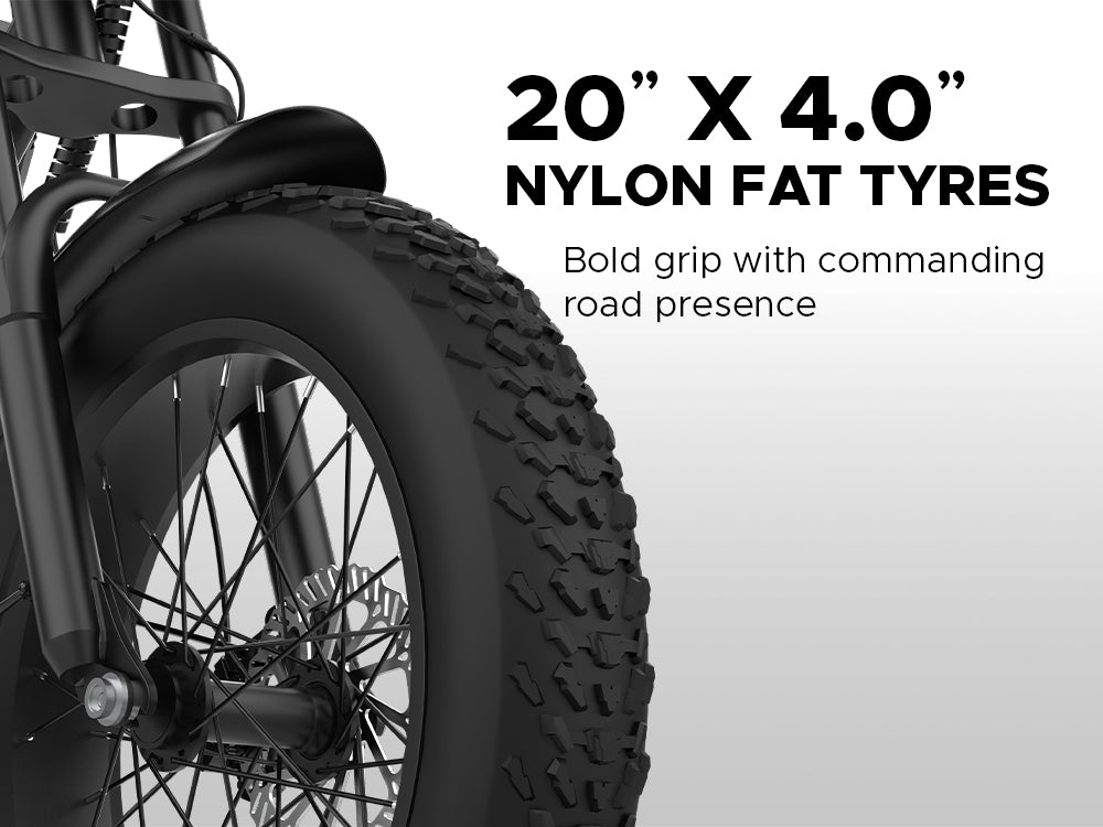EMotorad Viper electric cycle with 20 x 4 inch nylon fat tyres for superior grip and stability
