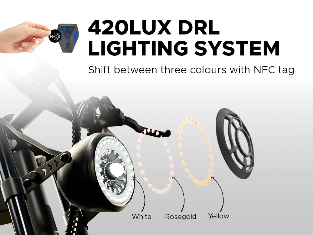 EMotorad Viper electric bike with 420 Lux DRL lighting system and NFC integration