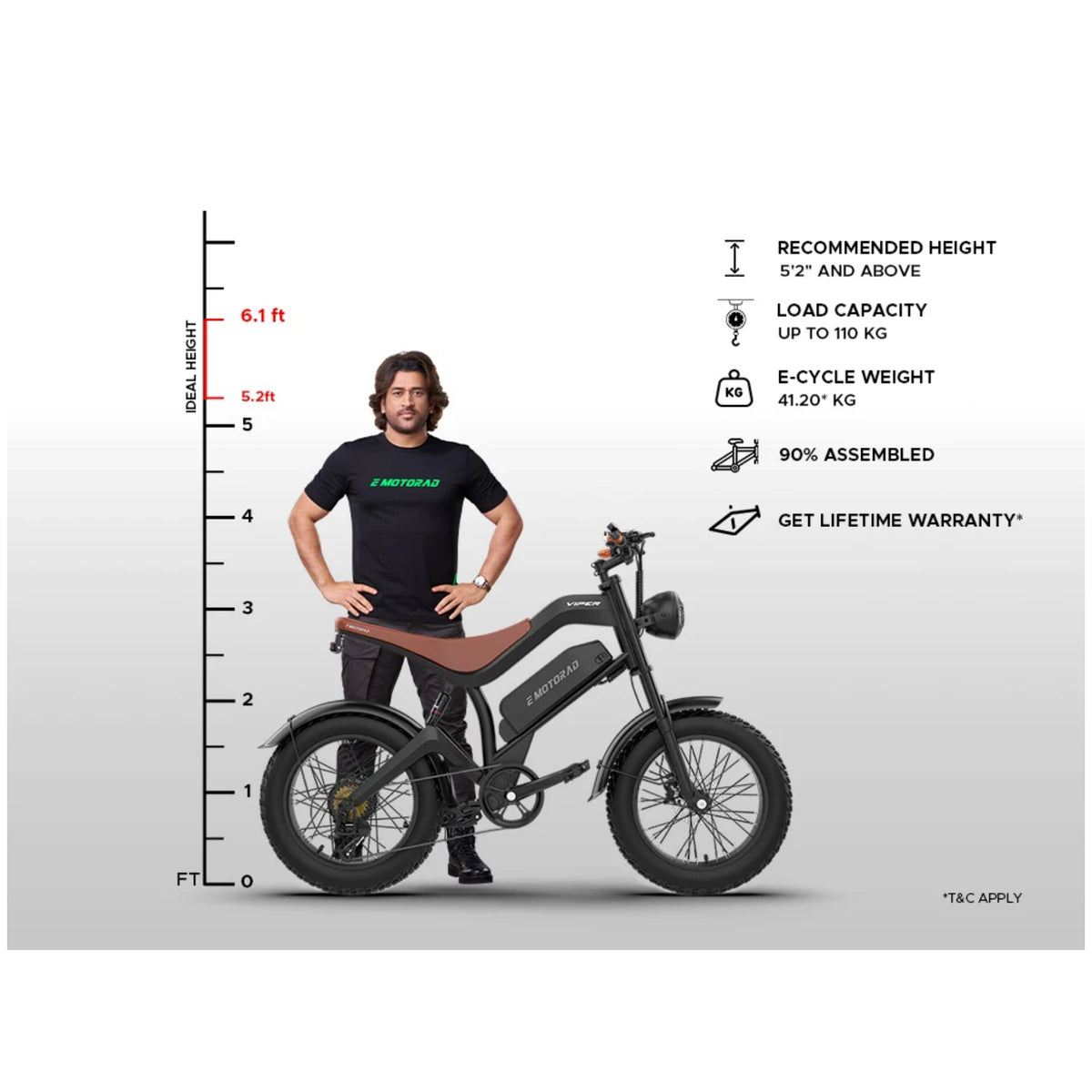 EMotorad Viper electric cycle size chart with rider height and load capacity