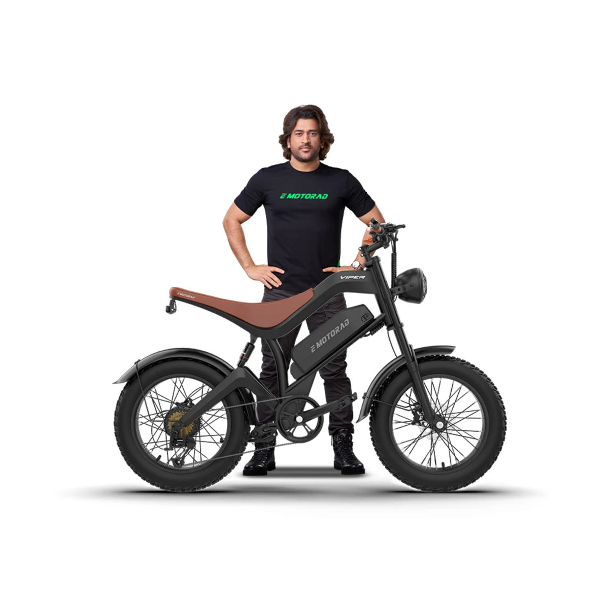 EMotorad Viper black electric fat bike with brown saddle