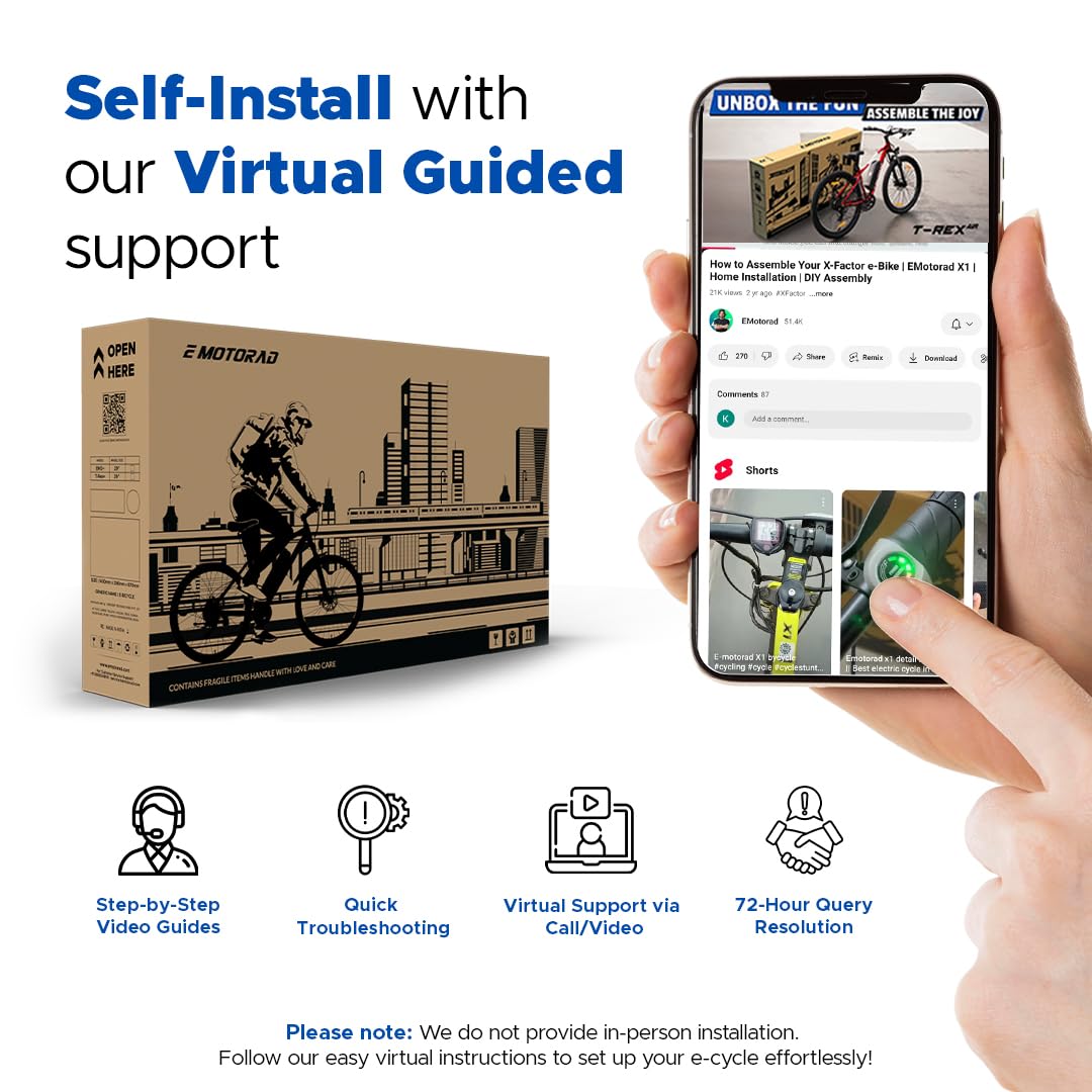 E-Motorad virtual guided self-installation support — includes step-by-step video guides, quick troubleshooting, video call assistance, and 72-hour query resolution.