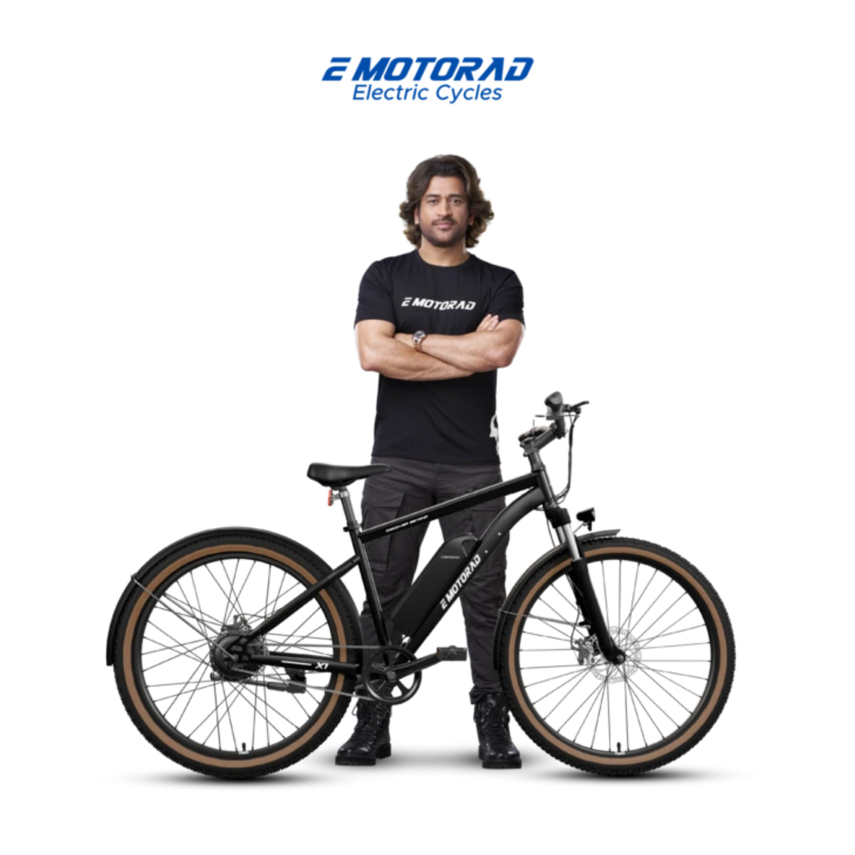 EMotorad X1 2026 27.5T black electric cycle with rider
