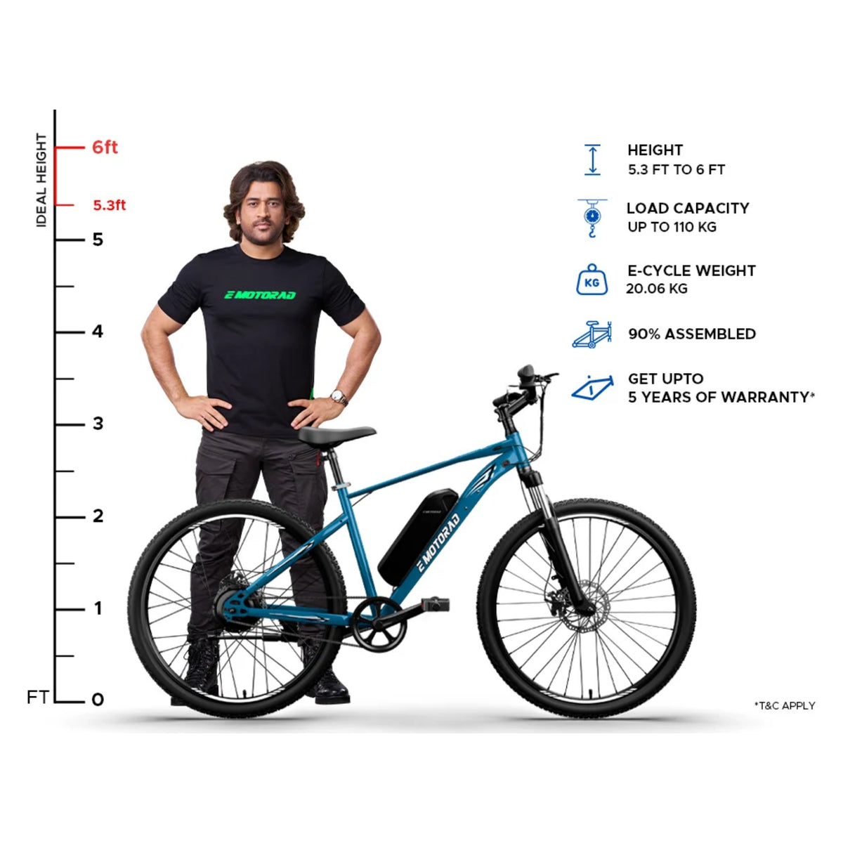 EMotorad X1 27.5T blue electric cycle rider size and height chart