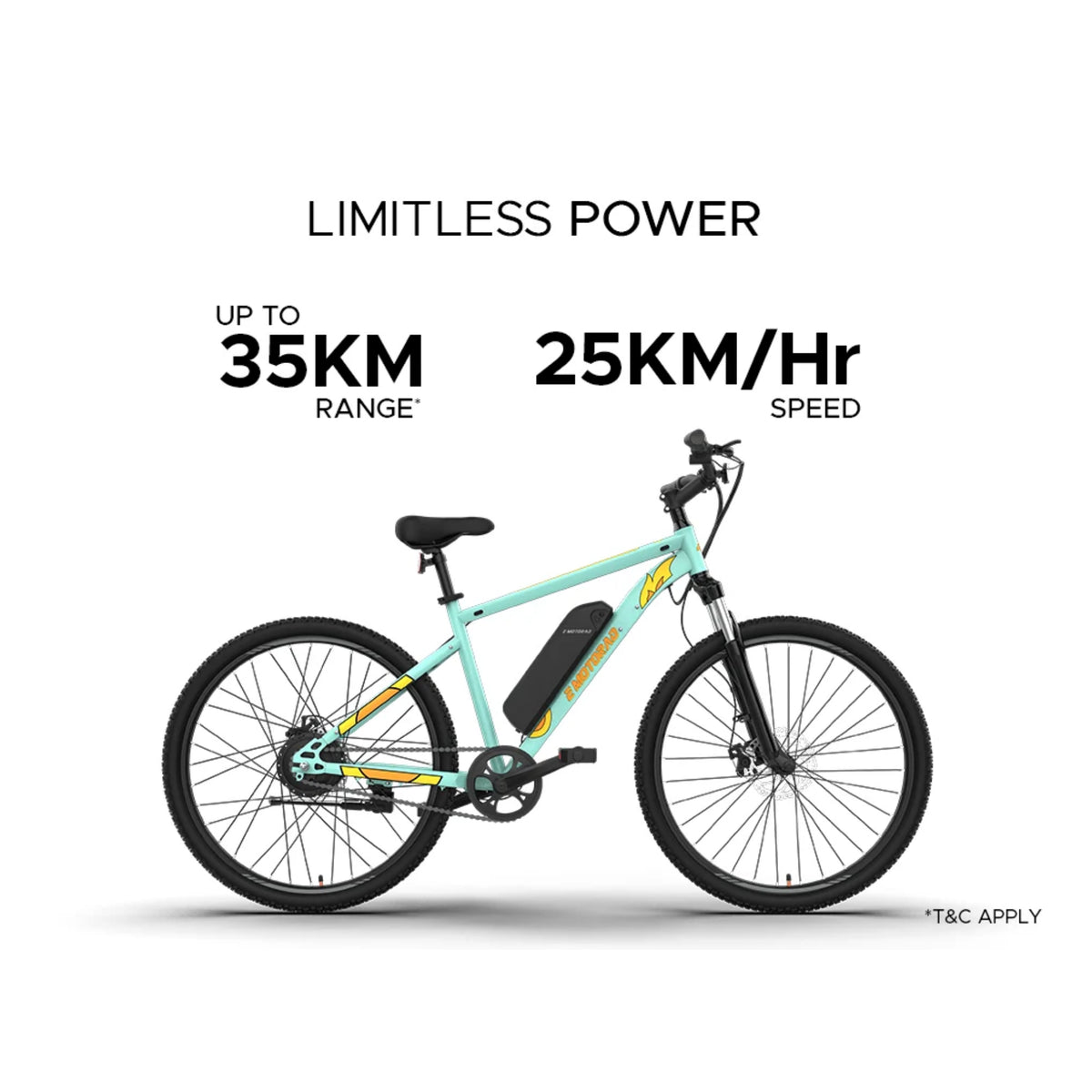 EMotorad X1 27.5T green electric cycle showing 35 km range and 25 km/h speed