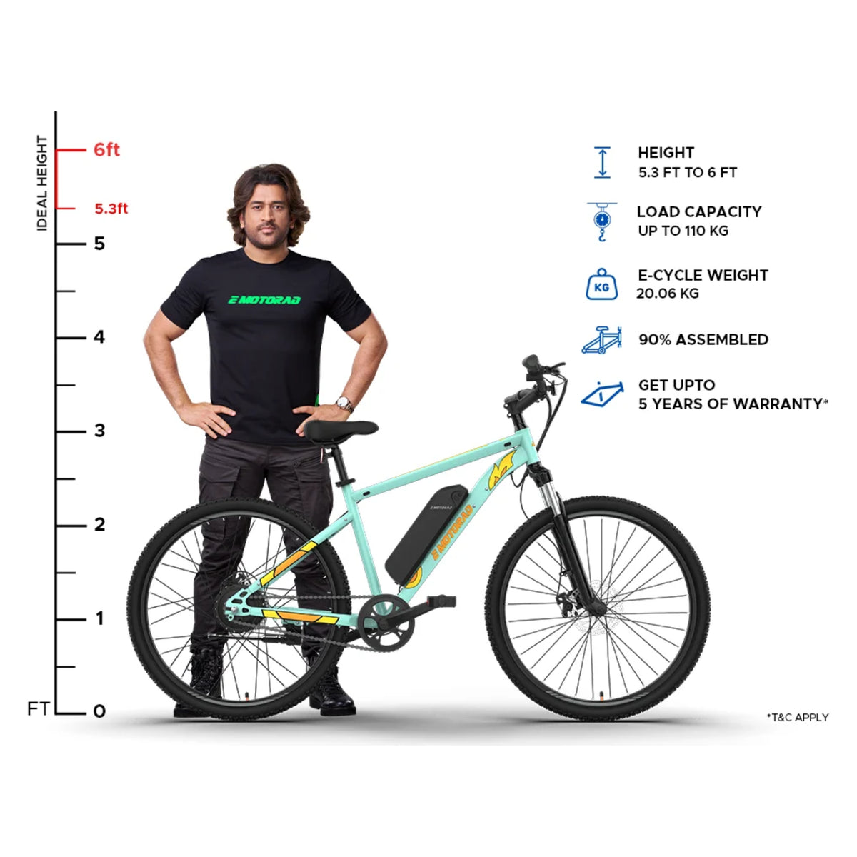EMotorad X1 27.5T green electric cycle rider size and height chart