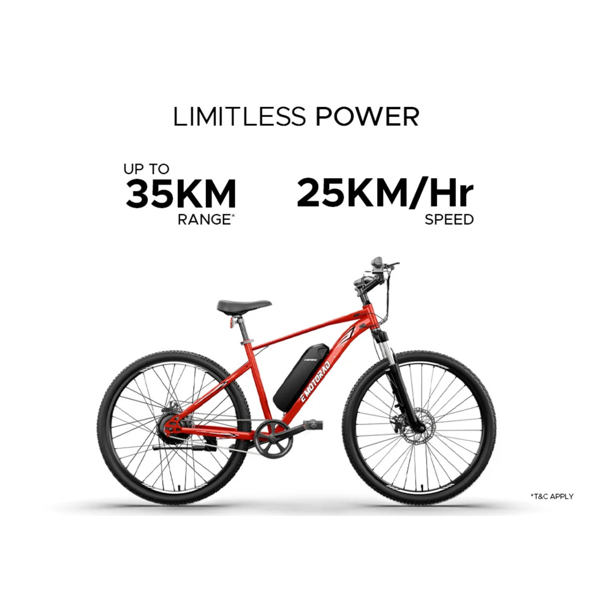 EMotorad X1 27.5T red electric cycle showing 35 km range and 25 km/h speed
