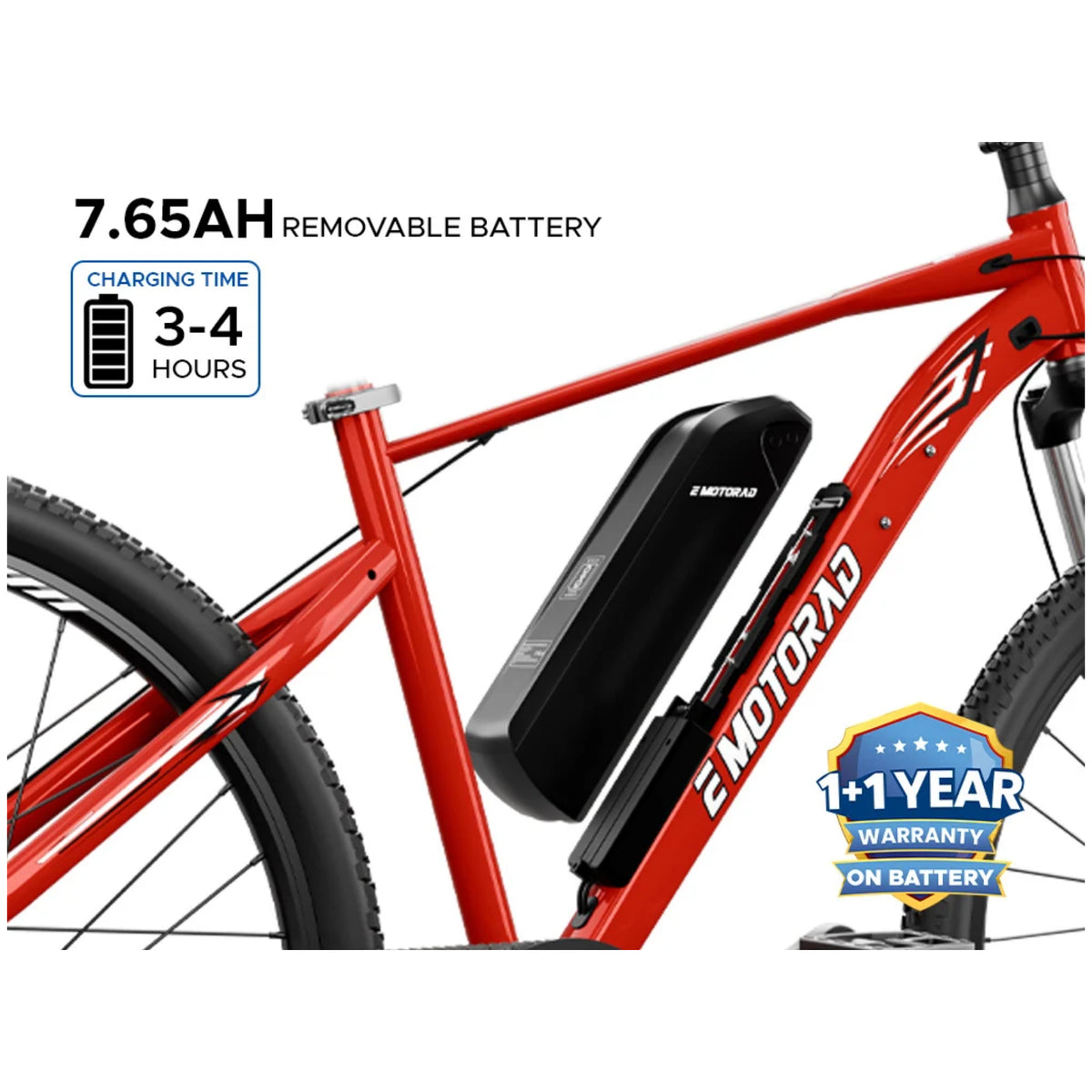 EMotorad X1 27.5T red electric cycle 7.65Ah removable battery