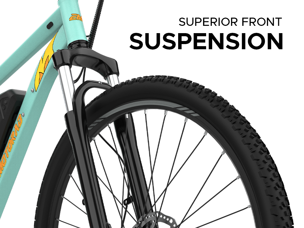 EMotorad X1 green electric cycle front suspension comfort