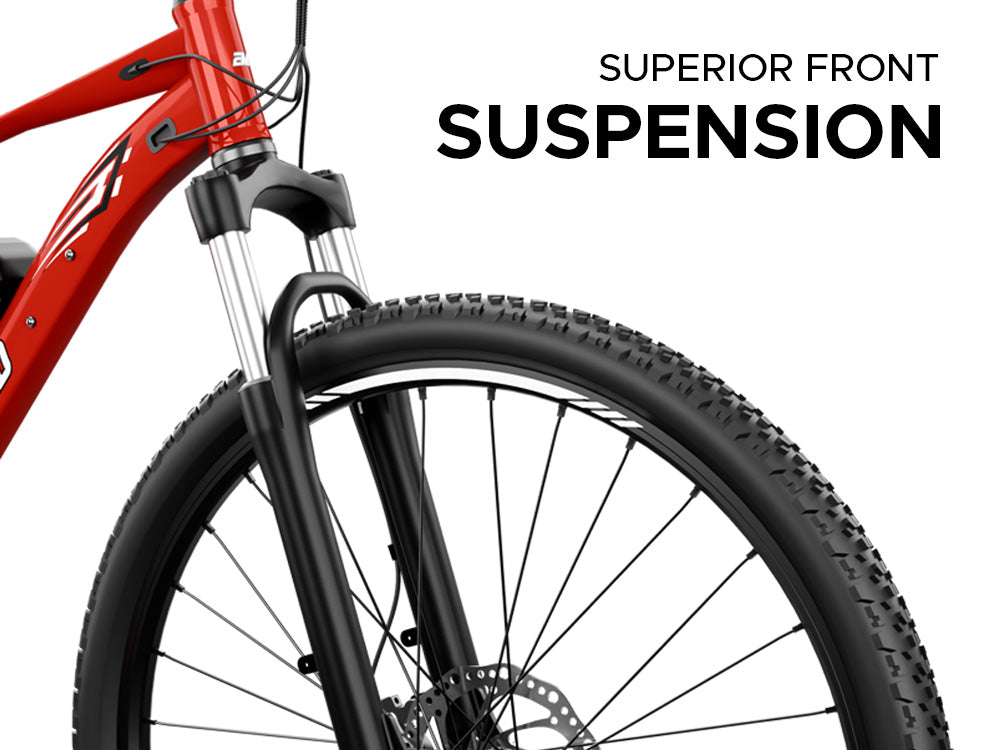 EMotorad X1 red electric cycle front suspension smooth ride