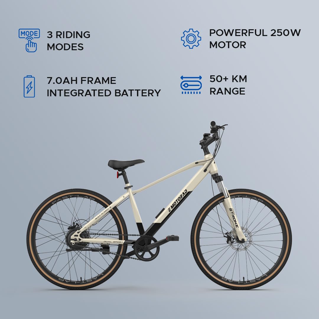E Motorad X3 Gold E-Cycle with 3 Riding Modes, 250W Motor, 7.0Ah Integrated Battery, and 50+ KM Range – Hybrid Electric Bicycle with Tanwall Tyres
