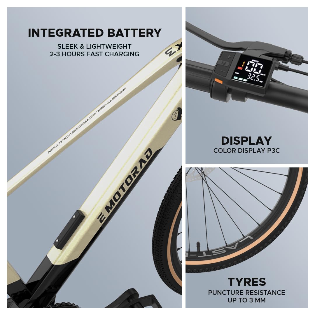 E Motorad X3 Gold Electric Cycle – Integrated Battery, Color Display P3C, and 3mm Puncture Resistant Tyres Highlighted
