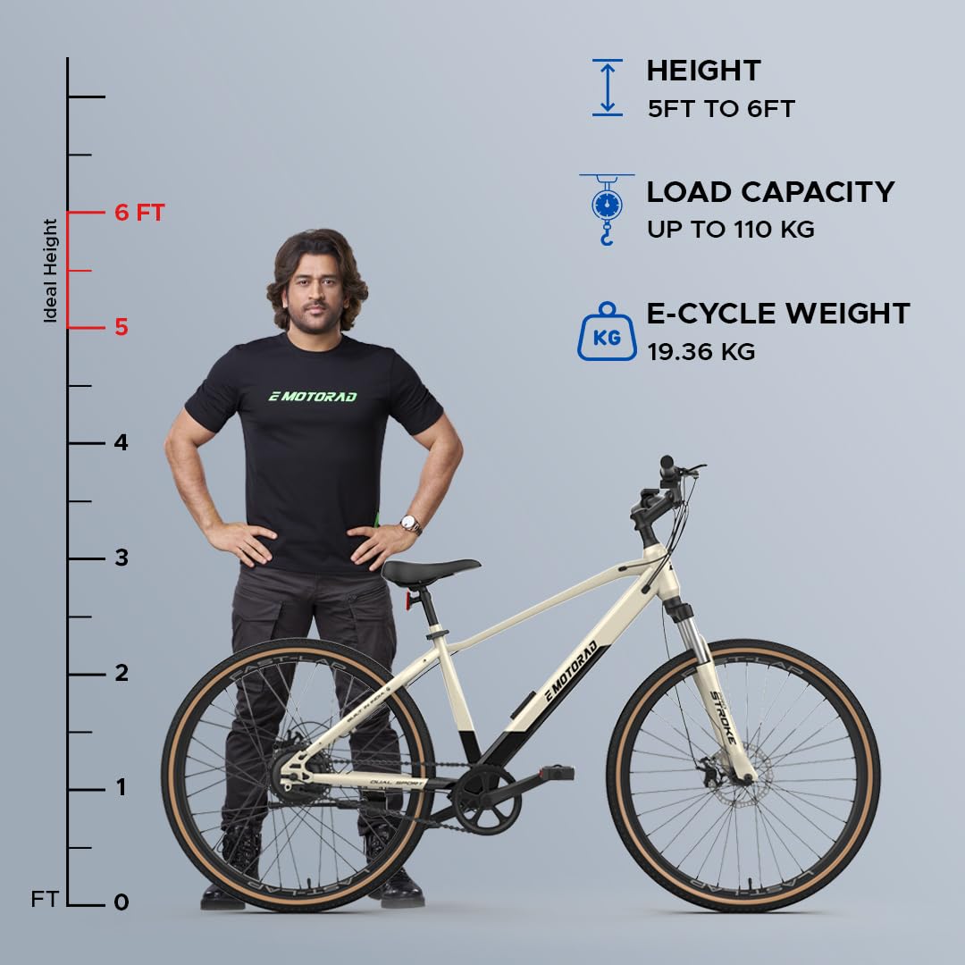 E Motorad X3 Gold E-Cycle with Ideal Rider Height 5FT–6FT, Load Capacity 110kg, and Cycle Weight 19.36kg – Electric Hybrid Bicycle with Tanwall Tyres
