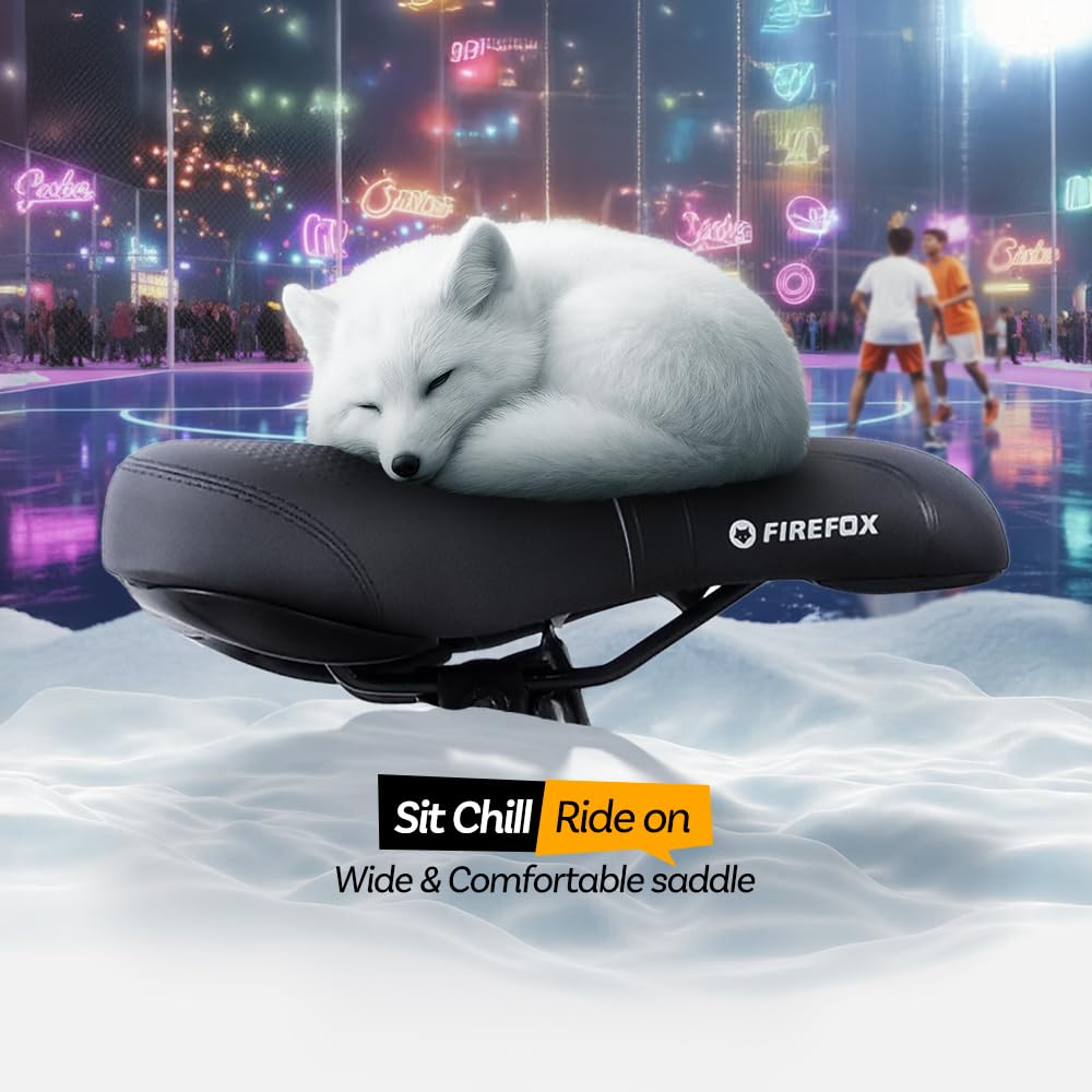 Firefox Bad Attitude 10D bicycle saddle showcasing comfort with soft seat design and urban lifestyle background.