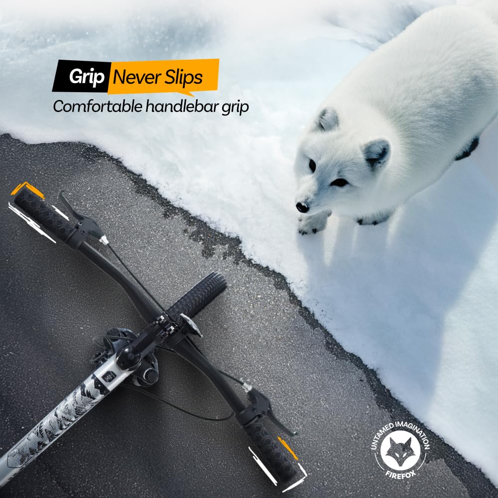 Firefox Bad Attitude 10D bicycle showing ergonomic handlebar grips for maximum comfort and control with a winter-themed background.