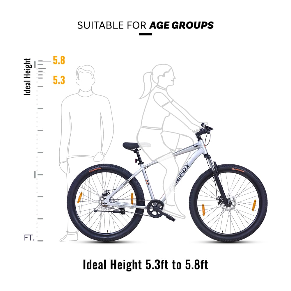 Firefox Bad Attitude 10D mountain bike ideal height chart showing suitability for riders between 5.3ft to 5.8ft height range.