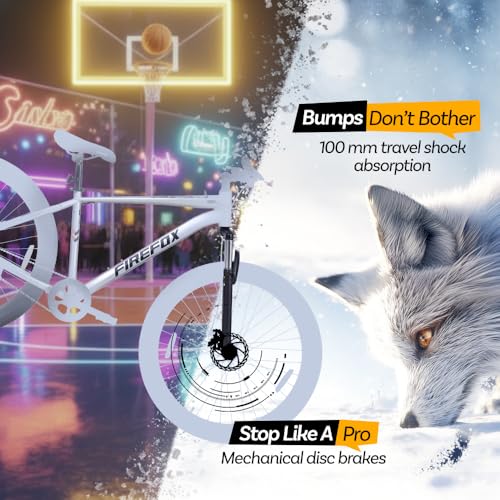 Firefox Bad Attitude 10D MTB featuring 100mm travel suspension fork and mechanical disc brakes for smooth rides and confident stopping power.