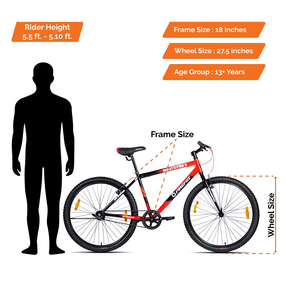 "Firefox Bad Attitude 5 27.5T Size Chart with Frame and Wheel Dimensions – Ideal Rider Height 5.5ft to 5.10ft"

