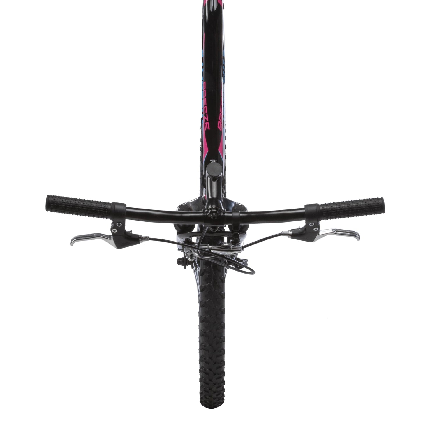 Front view of the FIREFOX Breeze 24T cycle showing black handlebar, dual brake levers, and treaded front tyre for hybrid riding comfort.