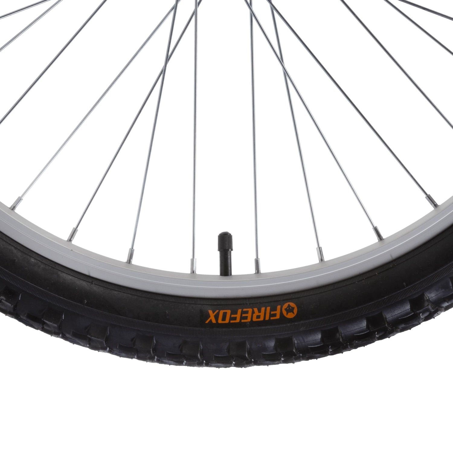 Close-up of the FIREFOX Breeze 24T bicycle tire showing tread pattern, valve, and branded sidewall in black and orange.
