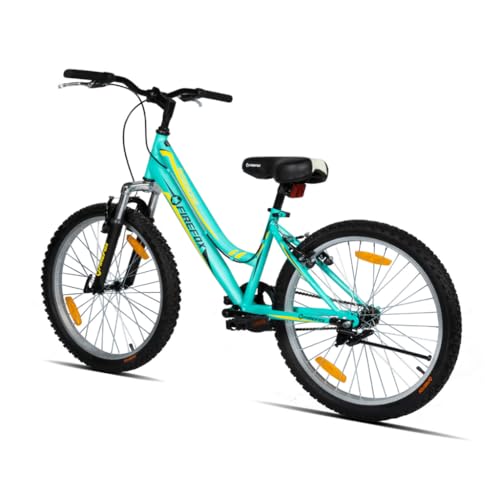 Rear-side angled view of the Firefox Breeze 24T women's bicycle in turquoise and yellow, showing the step-through frame, MTB tires, and front suspension on a white background.
