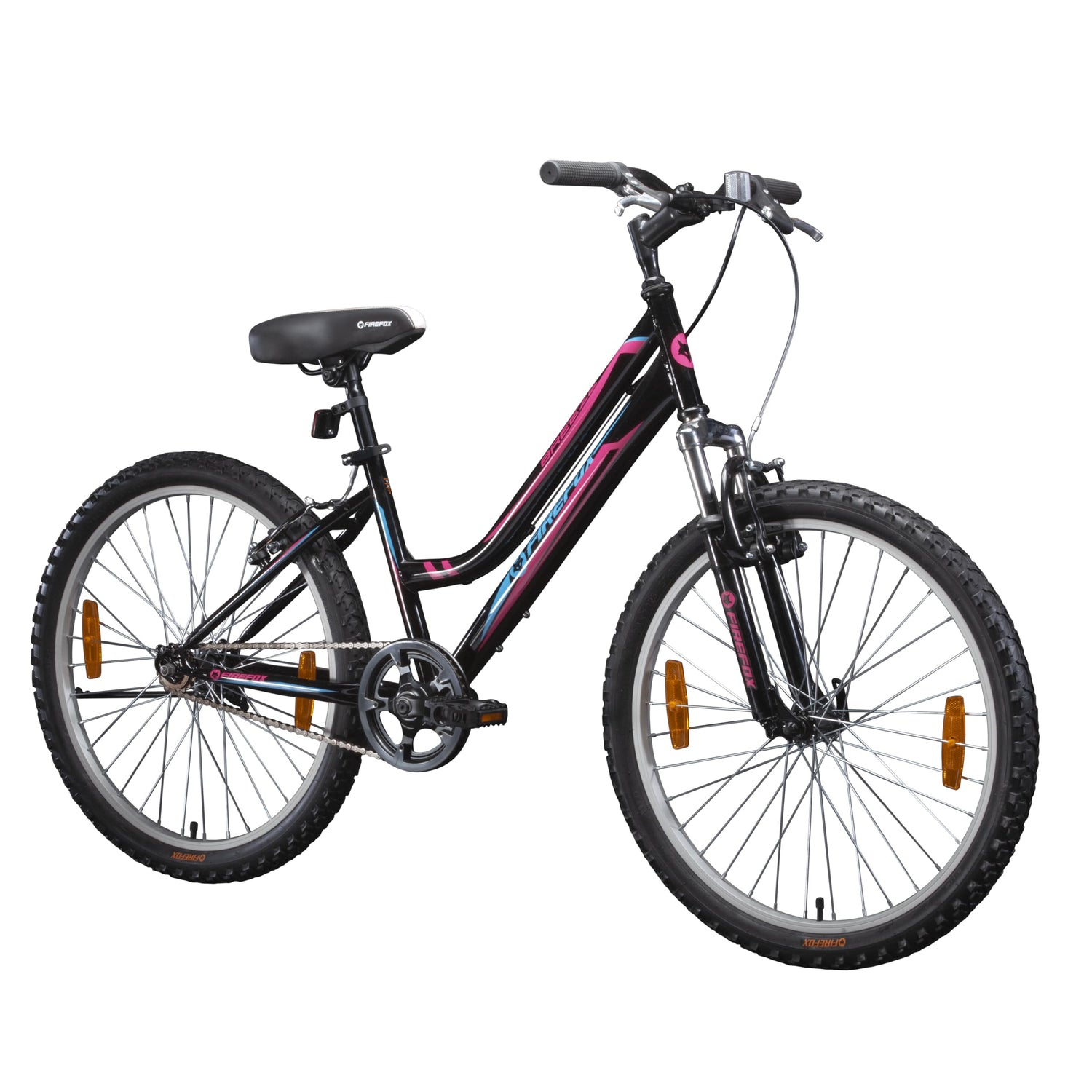 Firefox Breeze 24T women’s hybrid bicycle in black with pink and silver graphics, featuring a step-through frame, front suspension, and V-brakes, photographed on a white background.
