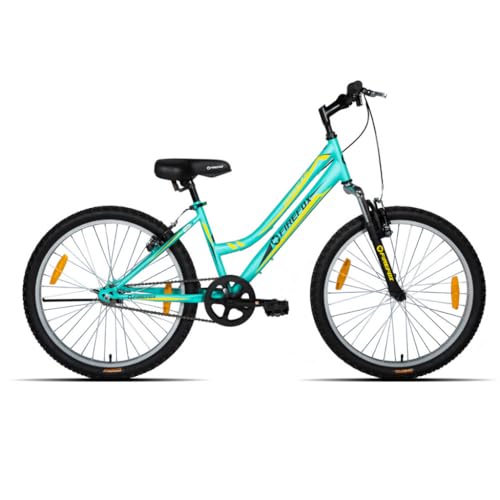 Side view of the Firefox Breeze 24T ladies hybrid cycle in aqua green with yellow graphics, showing the step-through frame, front suspension, and V-brakes on a white background.
