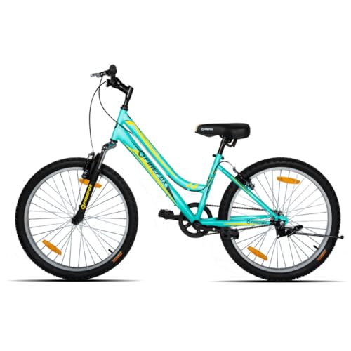 Side view of the Firefox Breeze 24T women's hybrid bicycle in turquoise and yellow, featuring a step-through frame, MTB tires, and front suspension, set against a white background.
