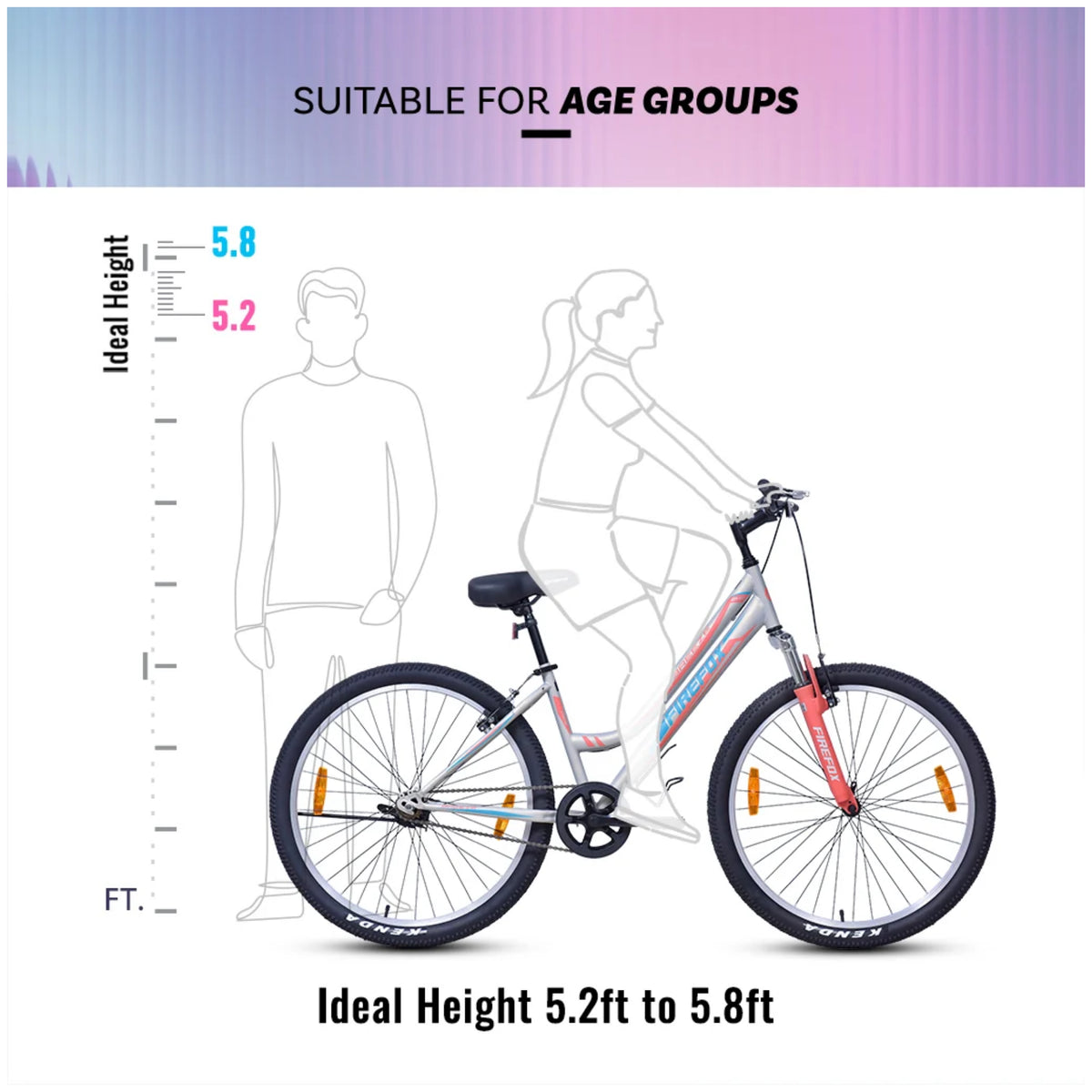 Firefox Breeze 26T pink womens city cycle rider height guide