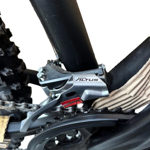 Shimano Altus front derailleur and crankset detail on Firefox Charger mountain bike