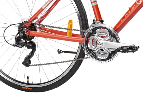 Close-up view of the rear derailleur, chain, crankset, and gear system of a Firefox red hybrid bicycle, displayed against a white background.
