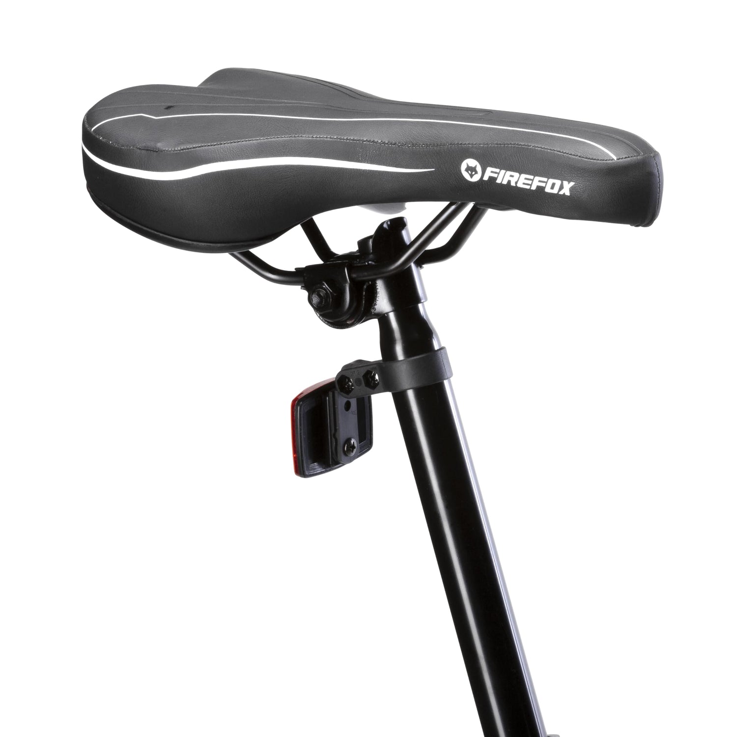 Close-up of a Firefox bicycle seat in black with white detailing, mounted on a black seatpost and equipped with a rear red reflector, against a white background.
