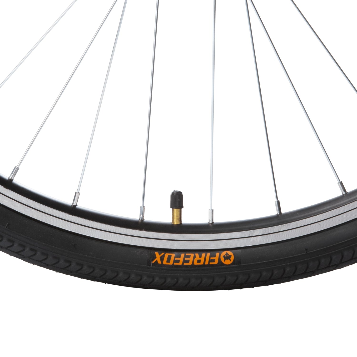 Close-up of a Firefox bicycle tire and black valve stem, showing black tread and branding in orange, with metal spokes against a white background.
