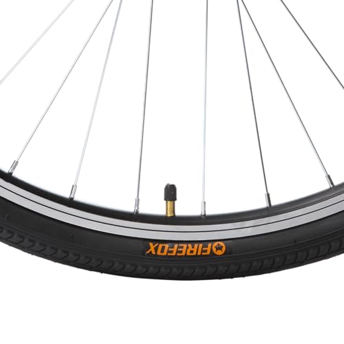 Close-up of a Firefox cycle tire and rim featuring a visible air valve and spoke pattern, displayed against a white background.
