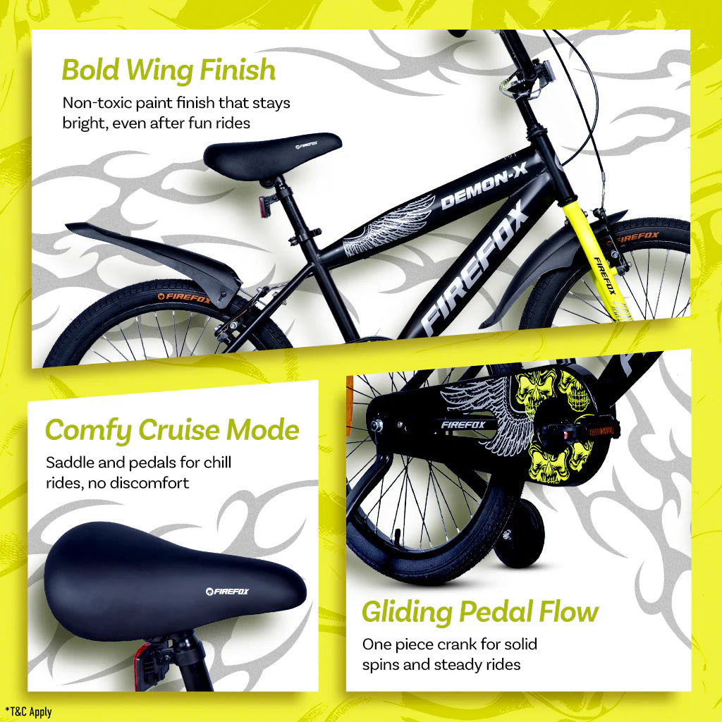Firefox Demon X Black Kids Bicycle Features Including Saddle, Crank and Frame Details
