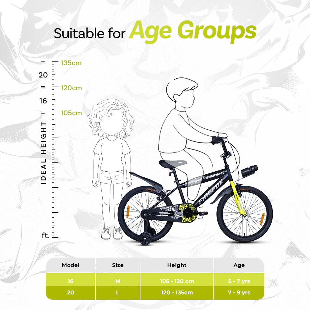 Firefox Demon X Black Kids Bicycle Size Chart with Recommended Age and Rider Height

