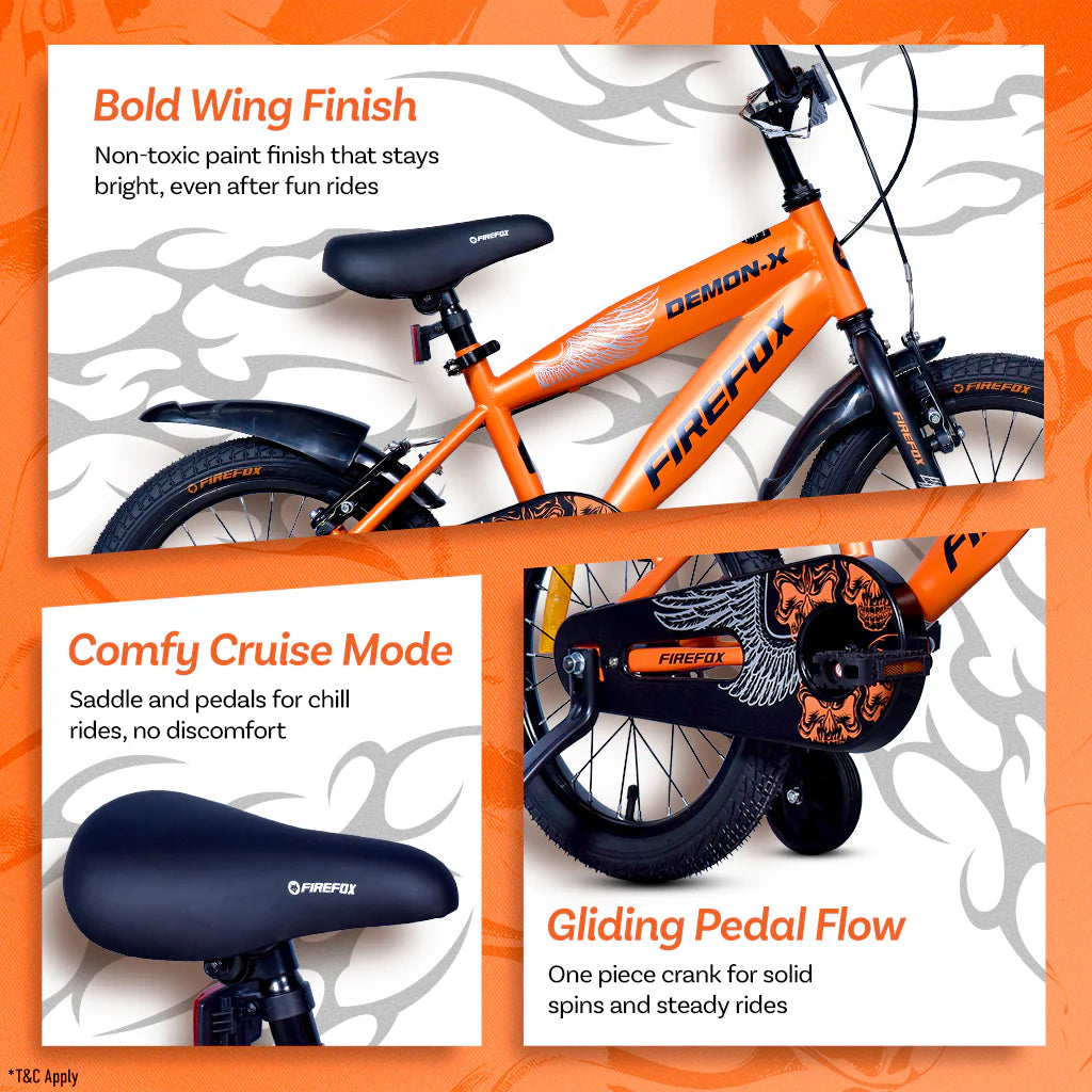 Firefox Demon X Kids Bicycle Features Including Saddle, Crank and Frame Details

