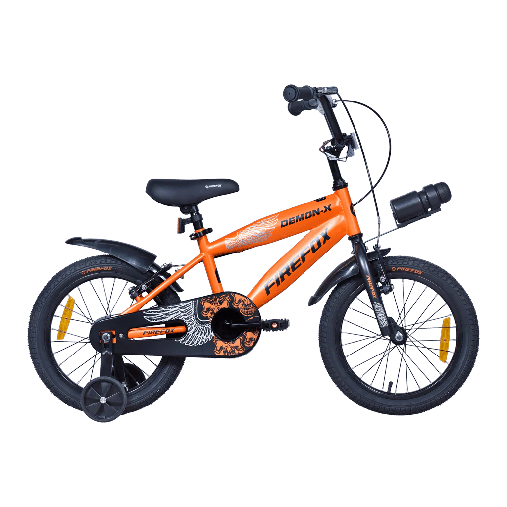 Side View of Firefox Demon X Orange Kids Bicycle with Training Wheels
