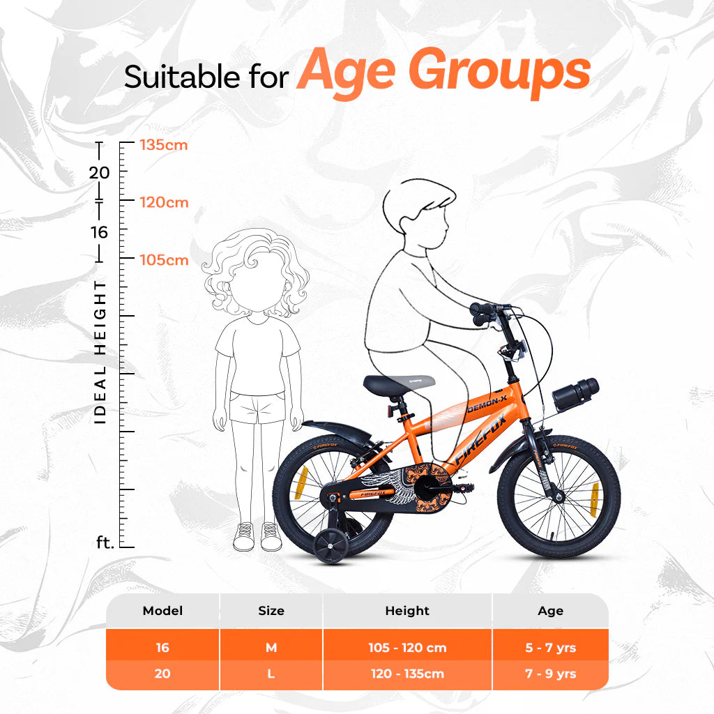 Firefox Demon X Kids Bicycle Size Chart with Recommended Age and Rider Height
