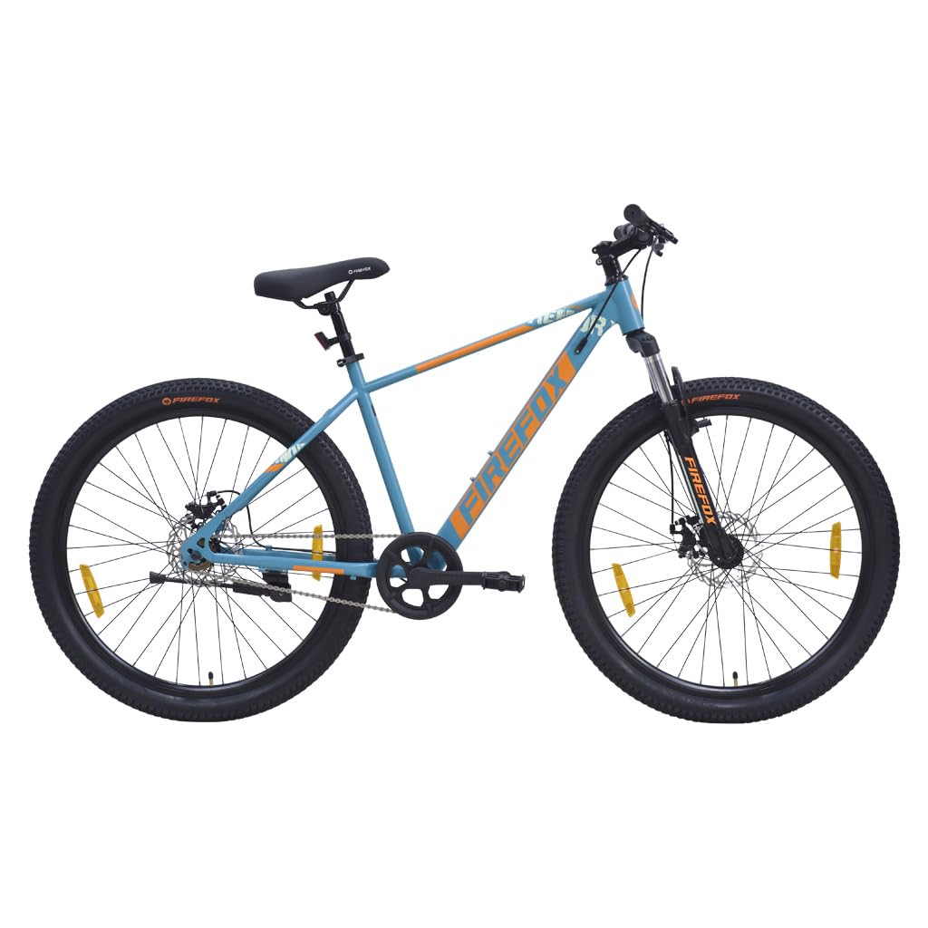Firefox Dominator 24 D mountain cycle in blue and orange color with 21 gears, disc brakes, and front suspension, displayed against a white background

