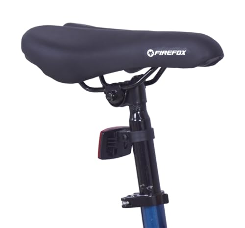Close-up of the Firefox Dominator 24D cycle seat with branded saddle and rear reflector mounted on the seat post.
