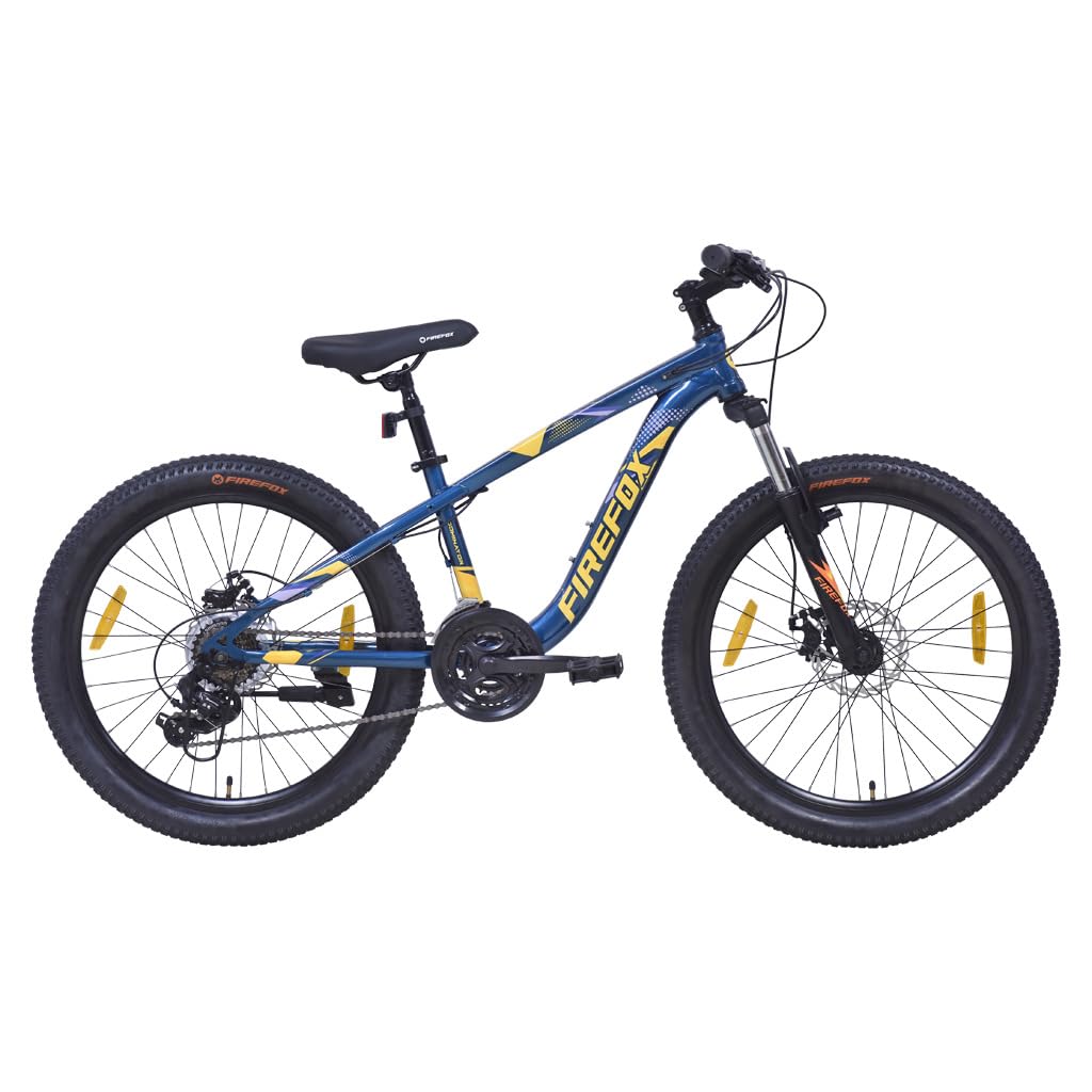 Firefox Dominator 24D mountain cycle in blue color with front suspension and 21 gears, side profile view, suitable for men.
