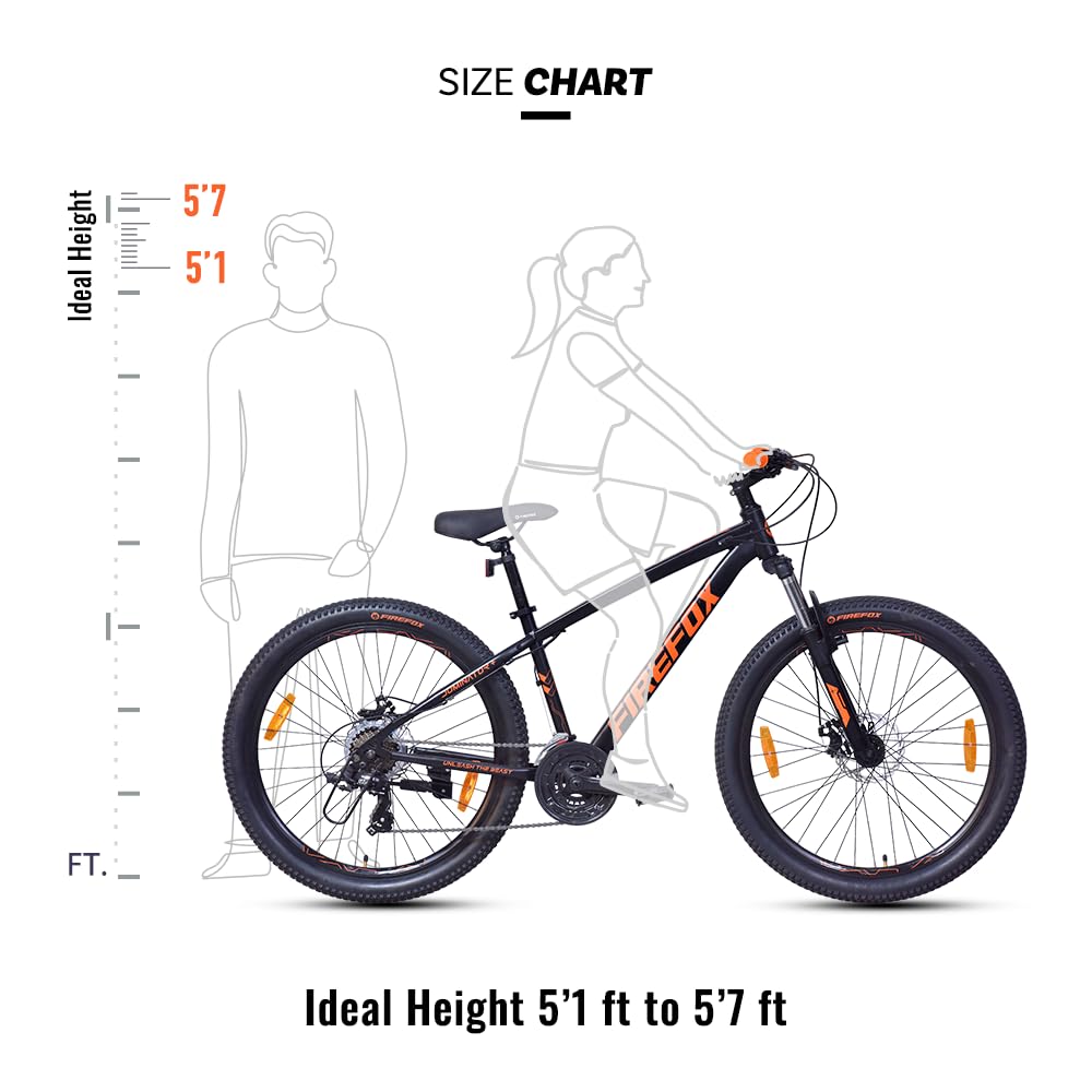 Firefox Dominator 26T mountain bike size chart ideal rider height 5 feet 1 inch to 5 feet 7 inch