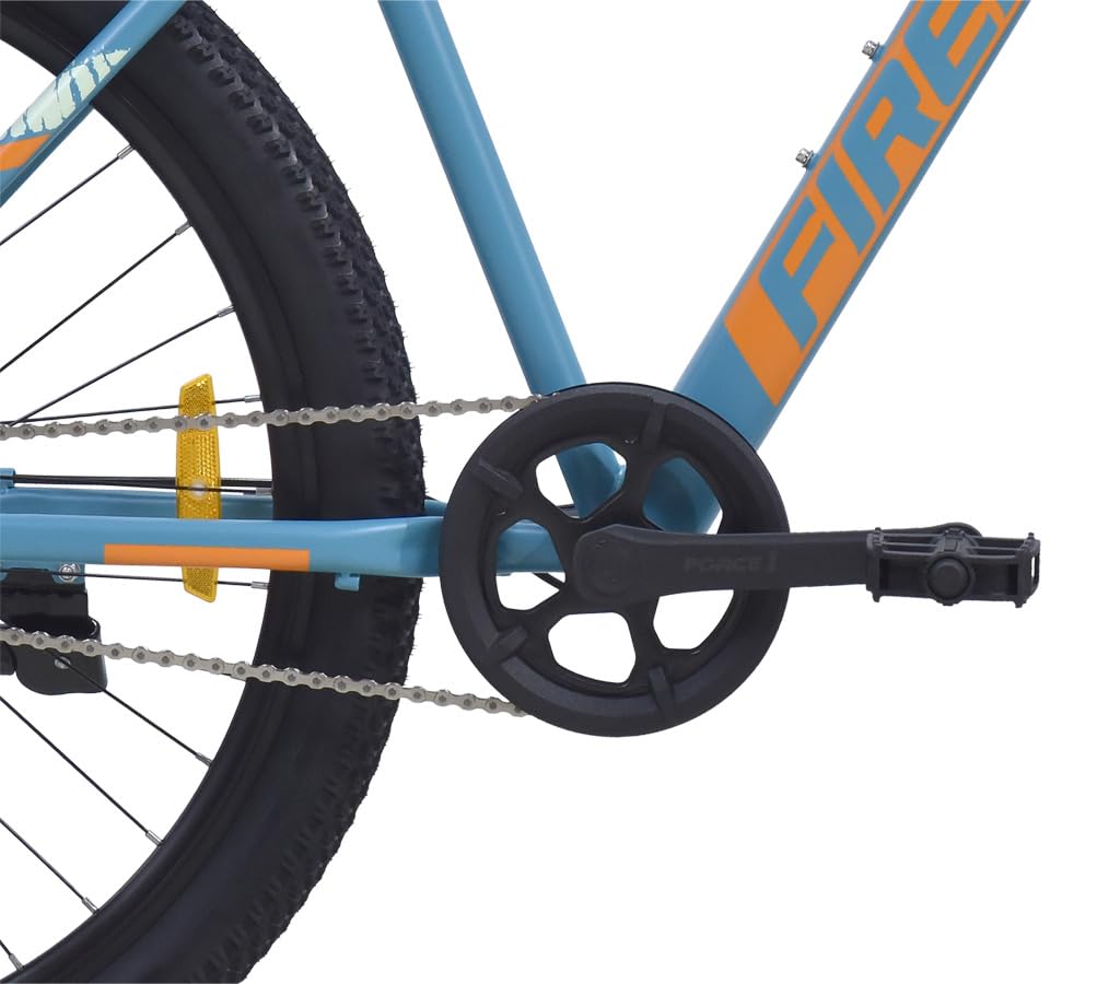 Close-up of Firefox Dominator cycle crankset, chain, and pedal with frame branding visible, on a white background

