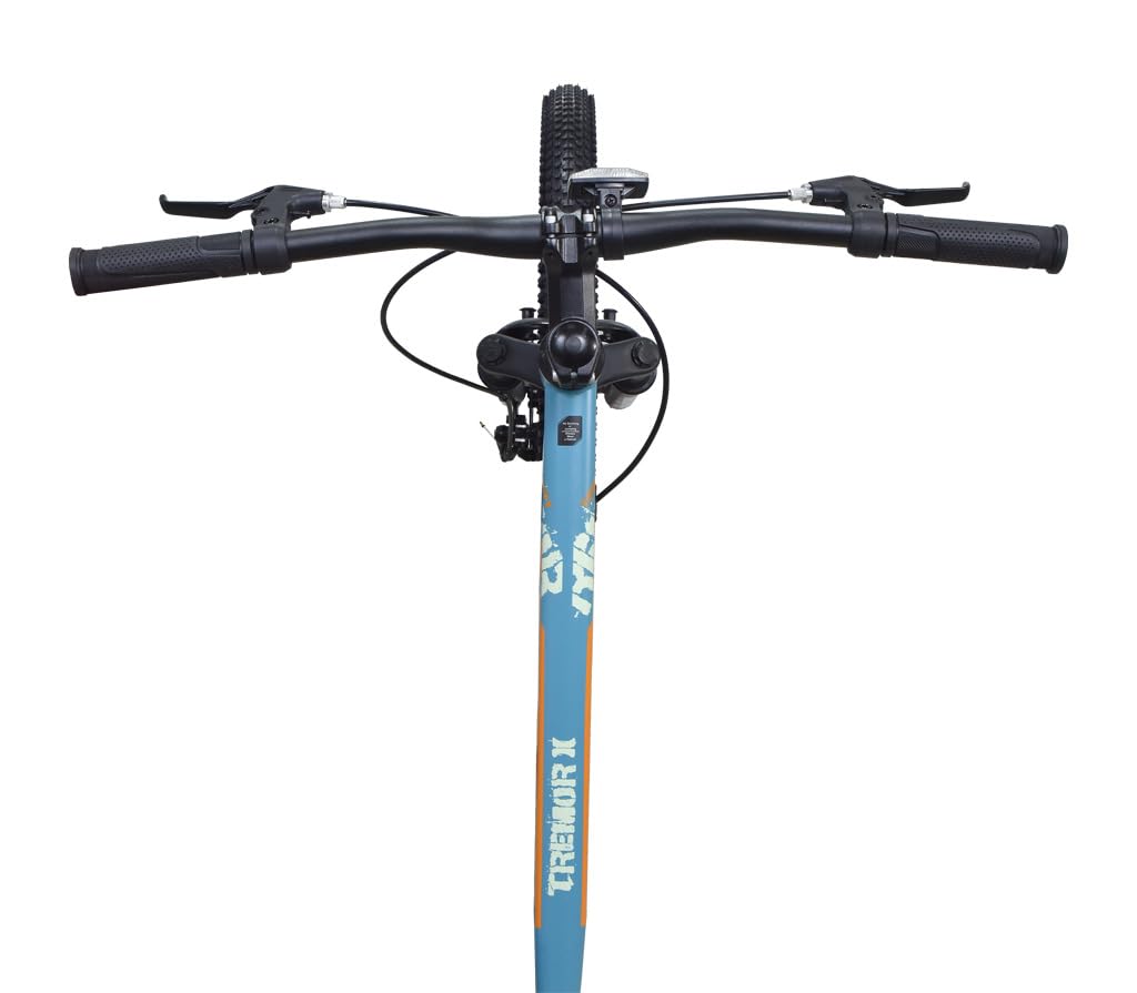 Top view of Firefox Dominator 24 D handlebar with front tire, brake levers, cables, and branding visible against white background

