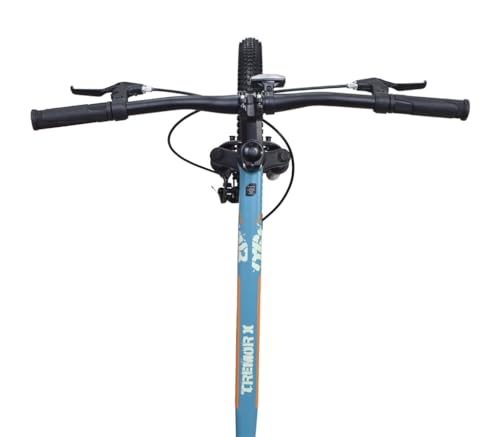 Top view of the Firefox Dominator 24 D cycle handlebar with brake levers and gear shifters, stem aligned with blue-orange frame, against a white background

