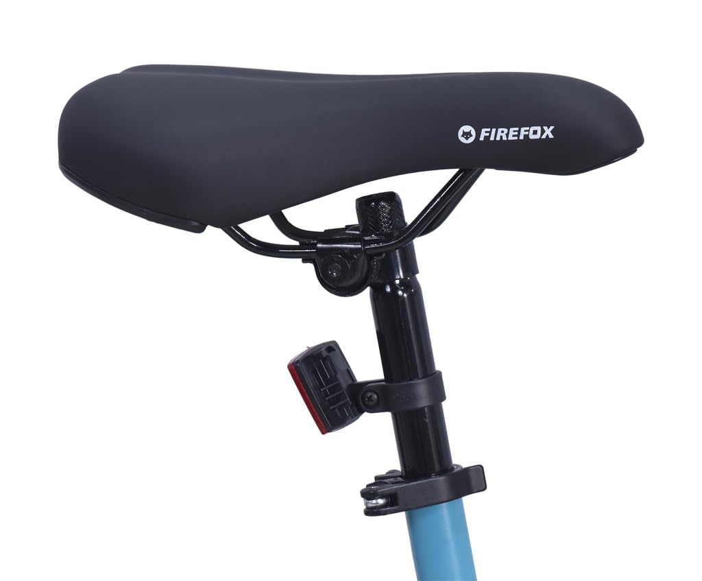 Firefox Dominator cycle saddle and seatpost with rear safety reflector, shown against a white background

